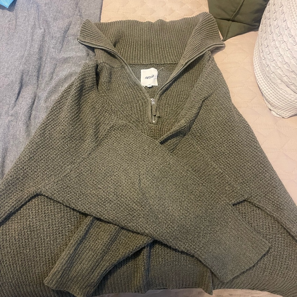 Aerie Cozy up Waffle Knit Olive Green Quarter Zip Sweater, size XL